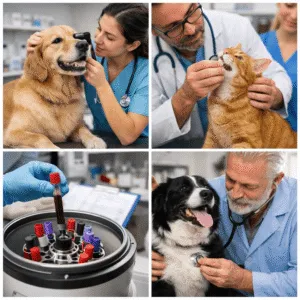 Veterinarian examining dog and cat during routine pet checkup including dental, heart, and lab tests in Calgary clinic