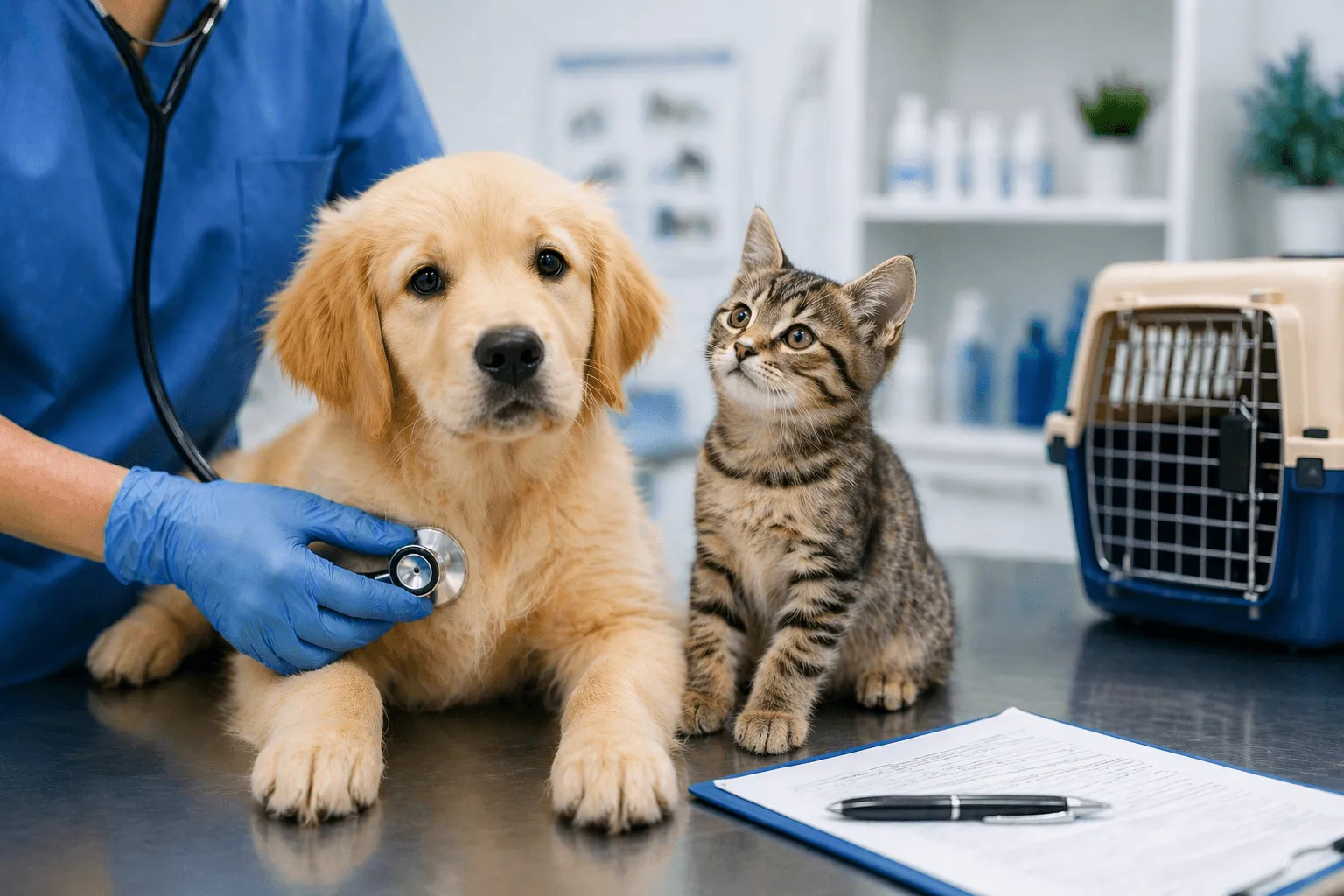 First vet visit in Calgary with puppy and kitten at veterinary clinic