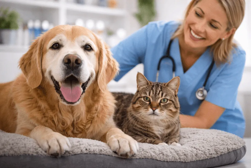 Veterinarian with senior dog and cat during wellness checkup in Calgary veterinary clinic
