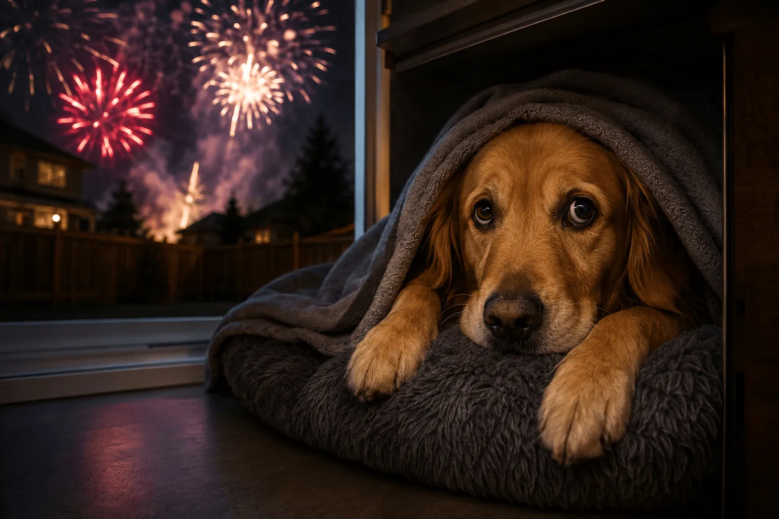 An anxious dog hiding indoors while fireworks light up the night sky during Canada Day.