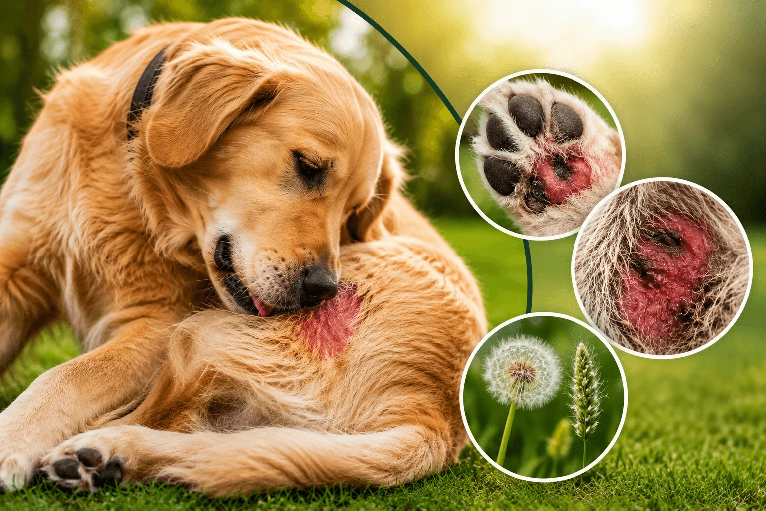 Golden Retriever licking an irritated skin hot spot caused by seasonal allergies during summer.