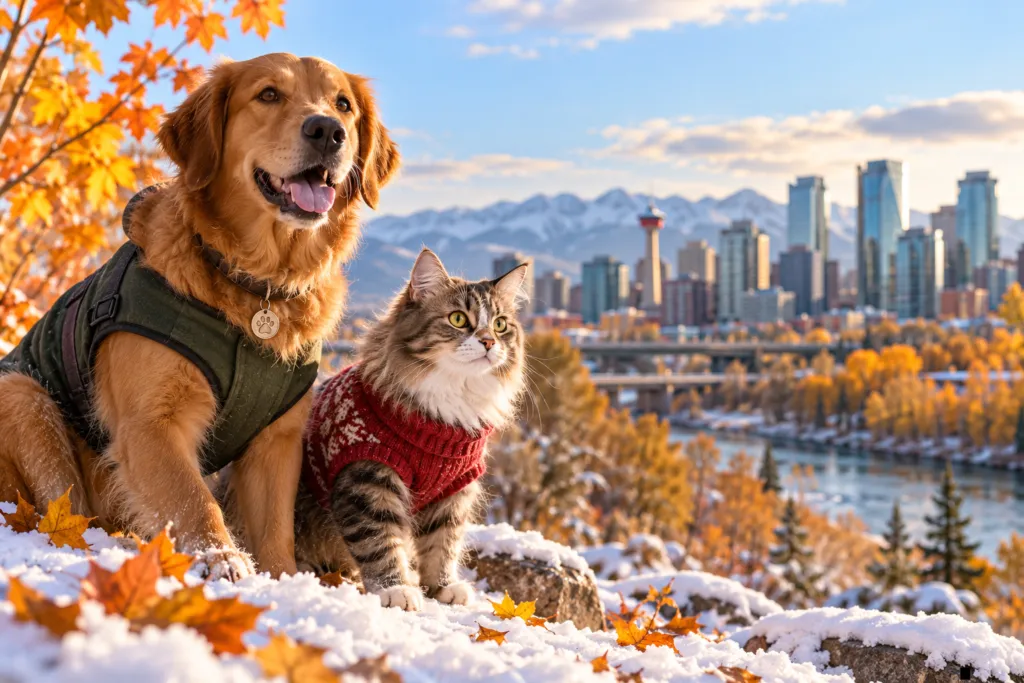 Dog enjoying a fall walk in Calgary while preparing for winter