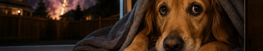 An anxious dog hiding indoors while fireworks light up the night sky during Canada Day.