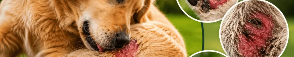 Golden Retriever licking an irritated skin hot spot caused by seasonal allergies during summer.