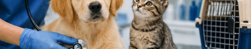 First vet visit in Calgary with puppy and kitten at veterinary clinic